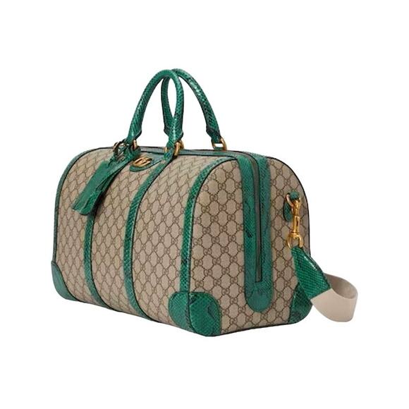 GUCCI Python Trim Duffle Bag with Double G in Beige Emerald Green $5500 NEWv - Picture 2 of 15